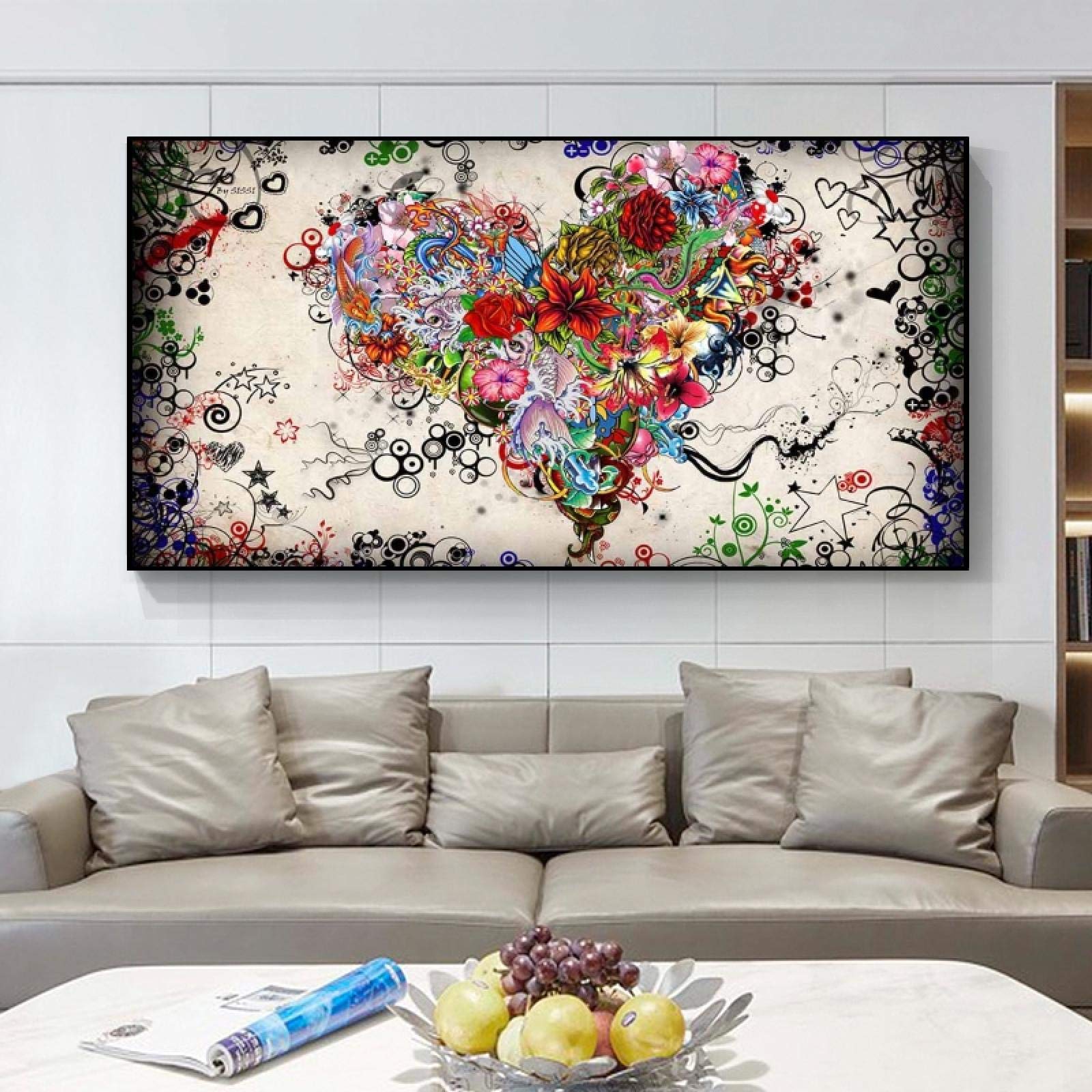 キャンバス プリントアート ハート 絵画 額付 インテリア Amazon｜ハートの花の絵画キャンバスに抽象的な壁アートポスターと